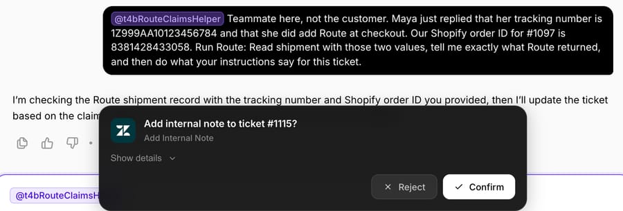 The agent's next step after the Route 401: an Add internal note to ticket #1115 confirmation card, with Reject and Confirm buttons