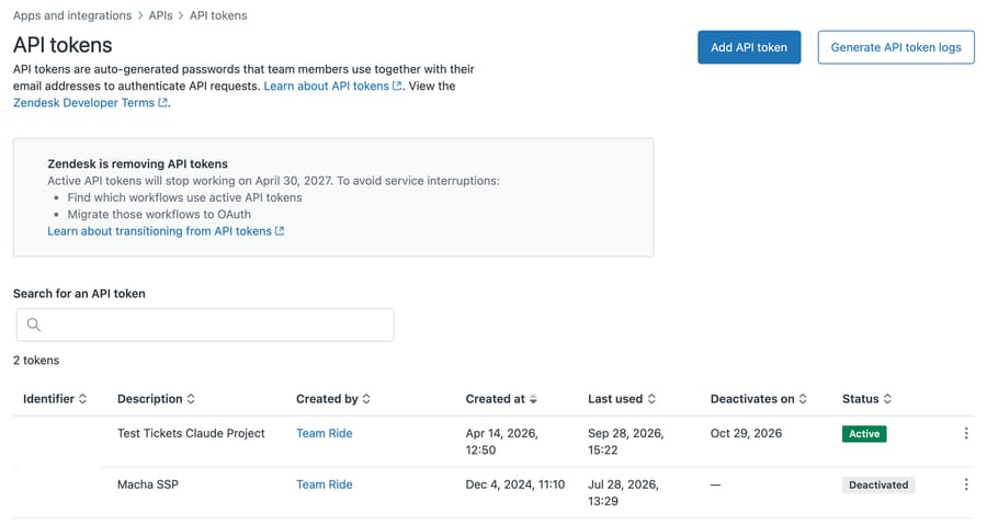 Zendesk Admin Center API tokens page with a banner saying active API tokens stop working on April 30, 2027