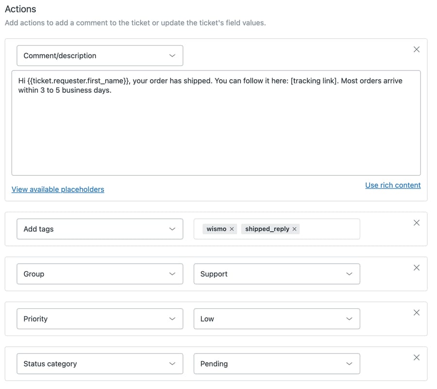 Zendesk macro actions: a reply comment, Add tags wismo and shipped_reply, Group Support, Priority Low, Status Pending