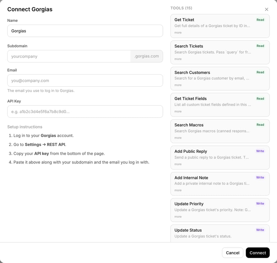 Macha Connect Gorgias dialog asking for subdomain, login email and API key, beside its 15 Read and Write tools