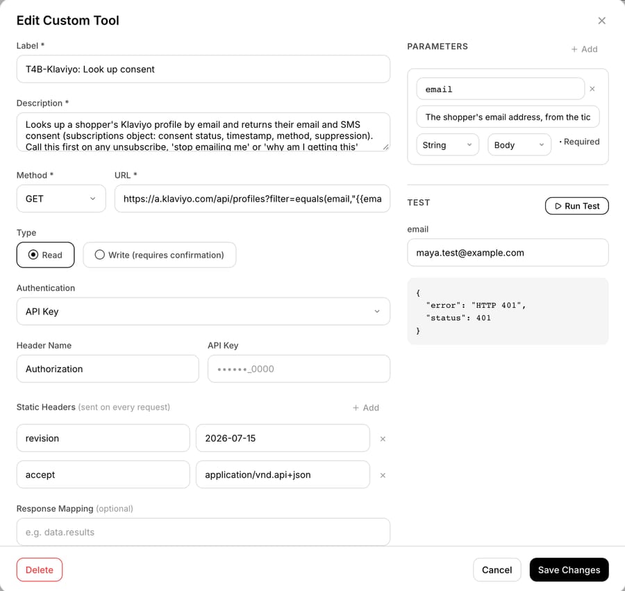 Macha custom tool editor for T4B-Klaviyo: Look up consent, with API Key auth on the Authorization header, static revision 2026-07-15 and accept headers, and a Test result of HTTP 401