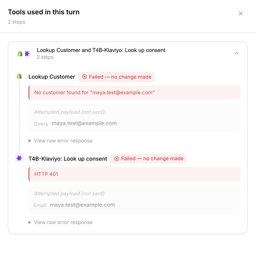 Tools used in this turn: Shopify Lookup Customer failed with no customer found for maya.test@example.com, and T4B-Klaviyo: Look up consent failed with HTTP 401