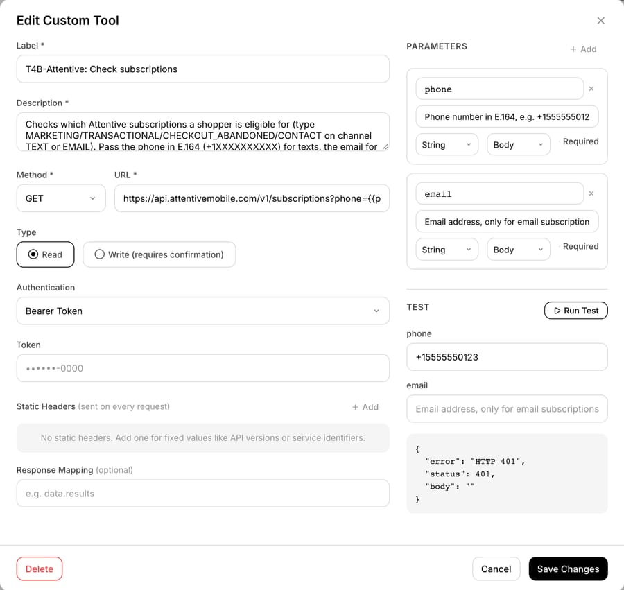 Macha custom tool editor for T4B-Attentive: Check subscriptions, a GET on api.attentivemobile.com/v1/subscriptions with Read type, Bearer Token auth, no static headers, and a Test with +15555550123 returning HTTP 401