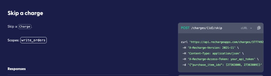 Recharge's API reference: Skip a charge is POST /charges/{id}/skip, sent with the X-Recharge-Access-Token header