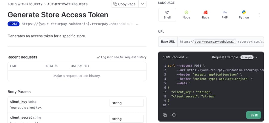 Recurpay's Generate Store Access Token endpoint: POST a client_key and client_secret to get the access token