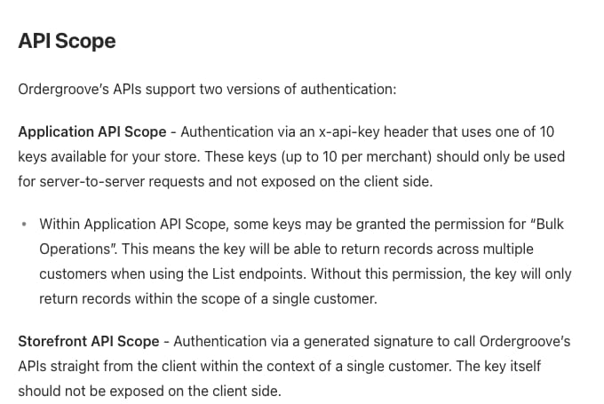 Ordergroove's authentication docs: x-api-key keys, up to 10 per merchant, and the Bulk Operations permission for listing across customers