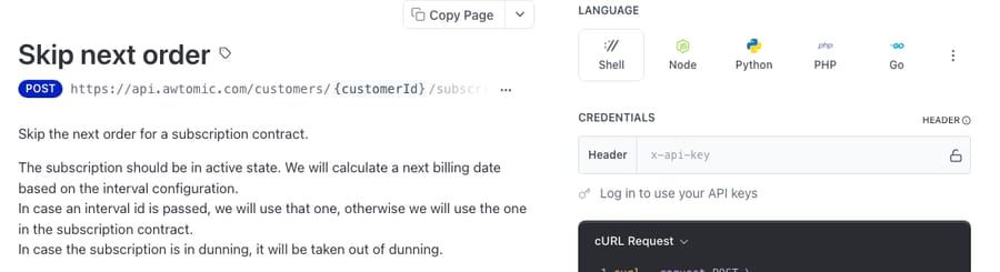 Awtomic's Skip next order reference: a POST keyed on customerId and subscriptionId, sent with an x-api-key header