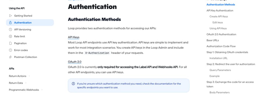 Loop Returns API docs: API keys go in X-Authorization; OAuth 2.0 is required only for the Label API and Webhooks API