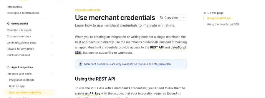 Smile.io developer docs, Use merchant credentials: merchant credentials are only available on the Plus or Enterprise plan
