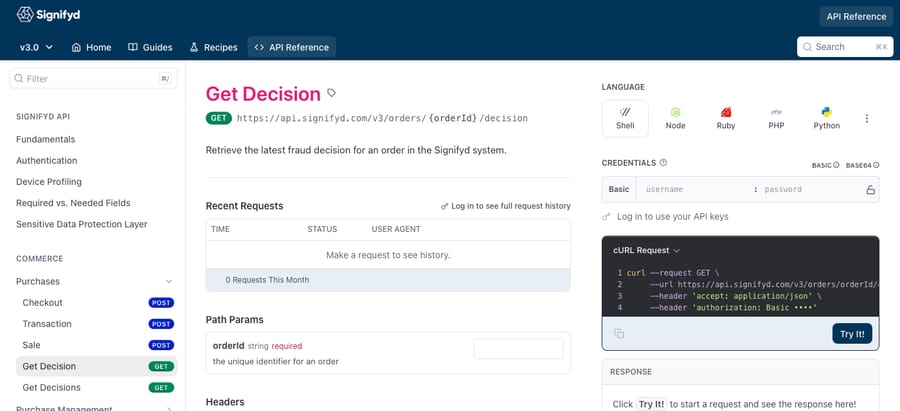 Signifyd API reference for Get Decision: GET /v3/orders/{orderId}/decision returns the latest fraud decision