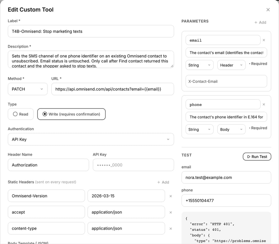 Macha custom tool 'T4B-Omnisend: Stop marketing texts': PATCH api.omnisend.com/api/contacts, Write type, Authorization and Omnisend-Version headers, and a Run Test returning HTTP 401 from Omnisend with a dummy key