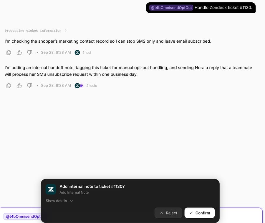 Macha chat for the T4B-Omnisend agent: it plans to stop SMS only, then after the failed lookup proposes an internal note, a tag and a reply, paused on an Add internal note confirmation card