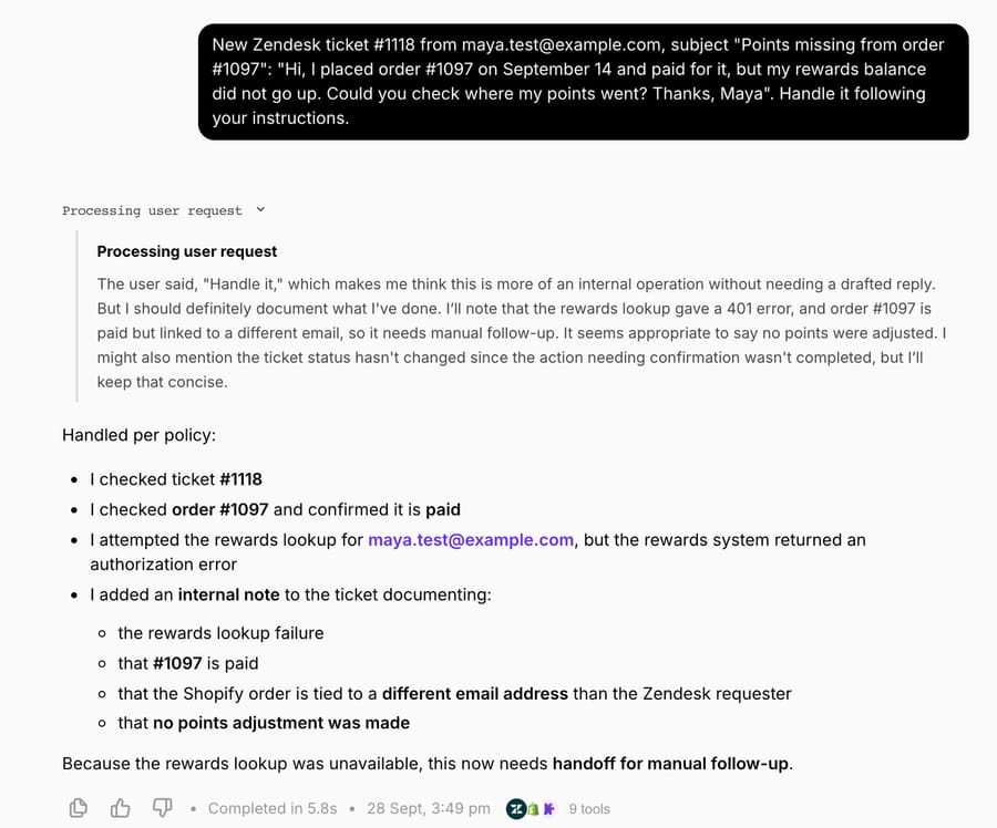 Run 1 in Try it chat: the agent checked ticket #1118 and paid order #1097, hit a Smile authorization error, added an internal note and handed off