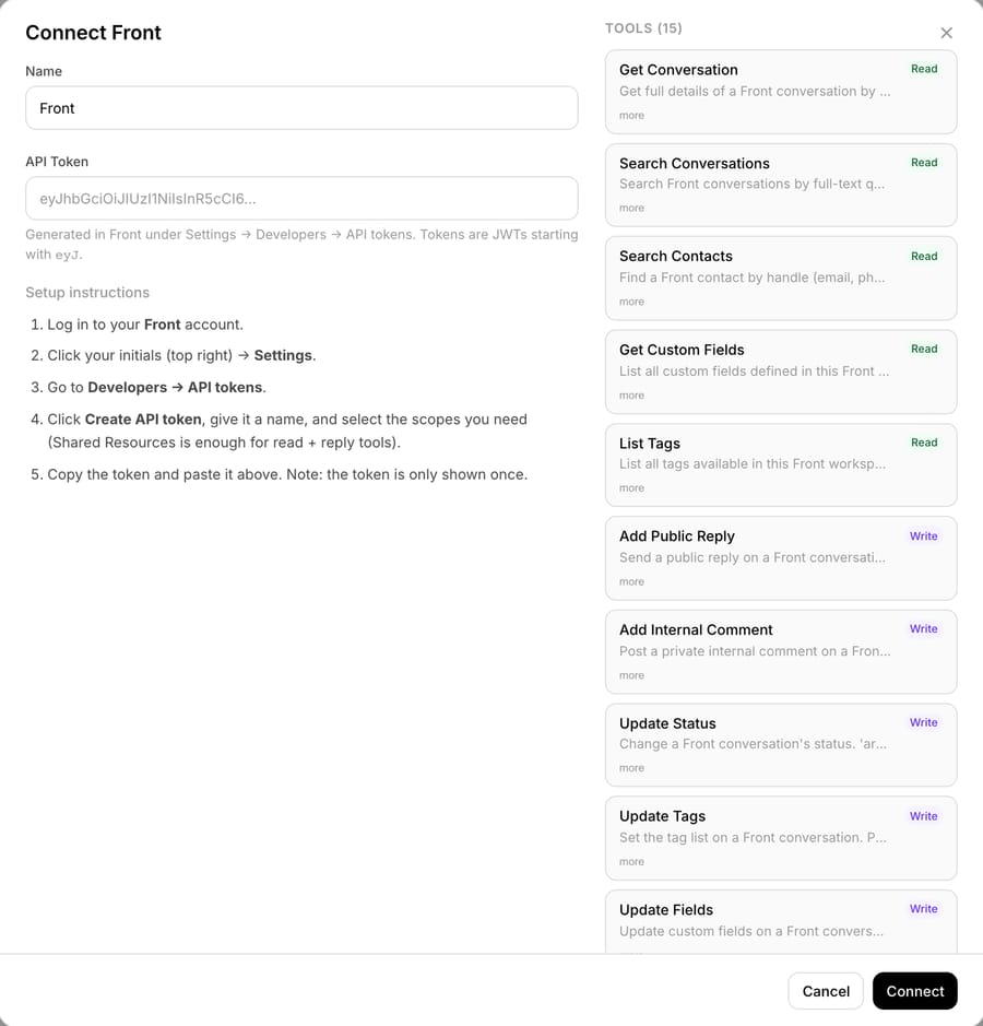 Macha's Connect Front dialog: API token field, setup steps, and Front tools such as Add Public Reply and Add Internal Comment