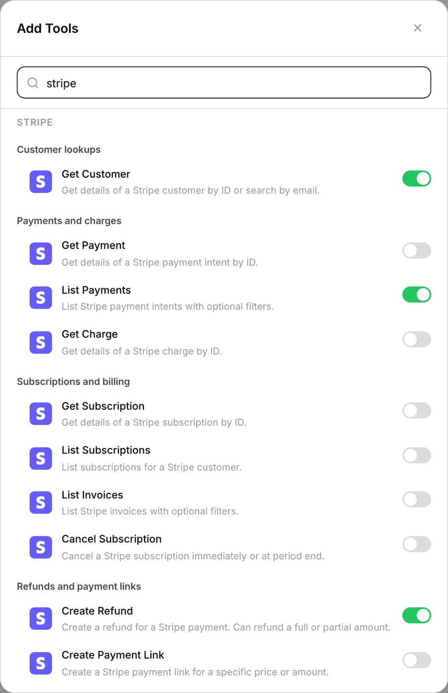 Macha's Add Tools picker filtered to Stripe, with Get Customer, List Payments and Create Refund switched on