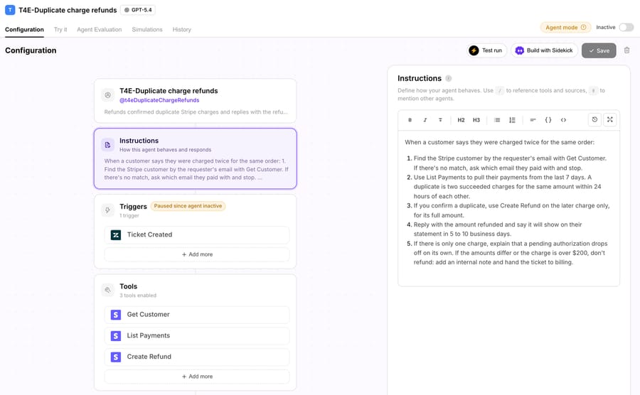 Macha agent config: duplicate-charge instructions, a Zendesk Ticket Created trigger and three Stripe tools