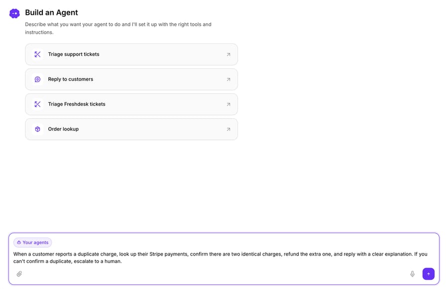 Macha's Build an Agent panel with the duplicate-charge prompt typed in, above four starter templates