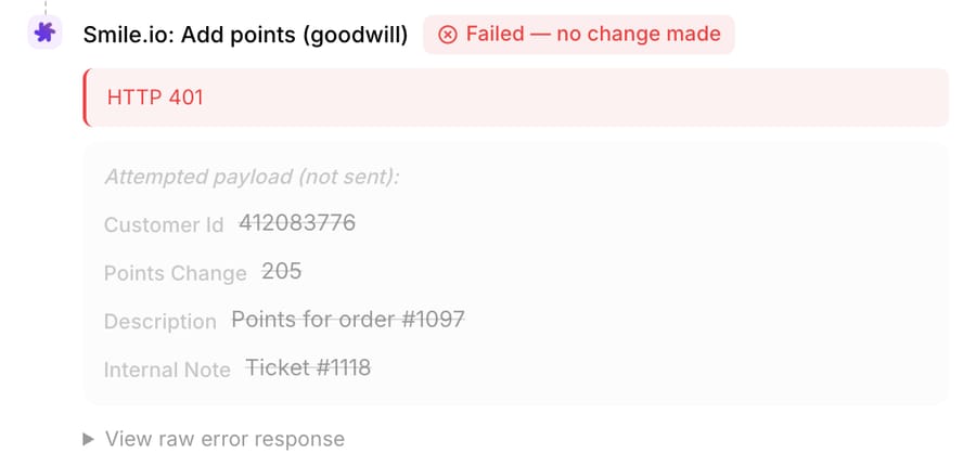Run 3 tools panel: "Smile.io: Add points (goodwill)" with 205 points for order #1097, failed with HTTP 401 on our dummy key, no change made