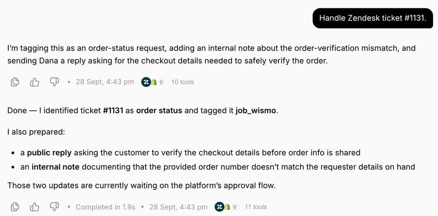 Macha chat for ticket #1131: the agent tags it as an order-status request, prepares a reply asking the customer to verify checkout details, and notes that the order number doesn't match the requester