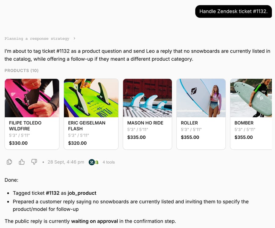 Macha chat for ticket #1132: the Shopify product search returns surfboards, and the agent tags the ticket as a product question and prepares a reply saying no snowboards are listed