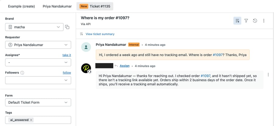 Sandbox Zendesk ticket #1135 "Where is my order #1097?": the agent's public reply says the order hasn't shipped and ships within 2 business days of the order date, tag ai_answered