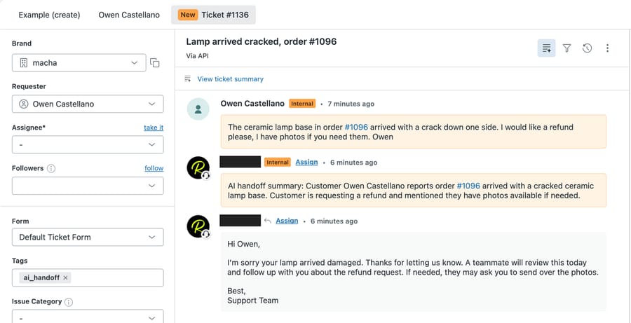 Sandbox Zendesk ticket #1136 "Lamp arrived cracked, order #1096": internal AI handoff summary, then a public reply that a teammate will review the refund request today, tag ai_handoff