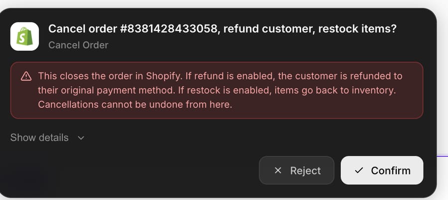 Macha chat confirmation card: Cancel order #8381428433058, refund customer, restock items? with a warning that cancellations cannot be undone, and Reject and Confirm buttons