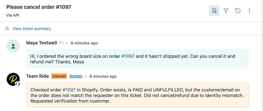 Zendesk ticket #1133 with the agent's internal note: order #1097 is paid and unfulfilled, email does not match, did not cancel due to identity mismatch