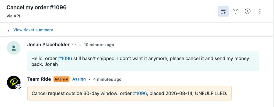 Zendesk ticket #1134 with a made-up customer's cancel request and the agent's internal note: cancel request outside 30-day window, order #1096