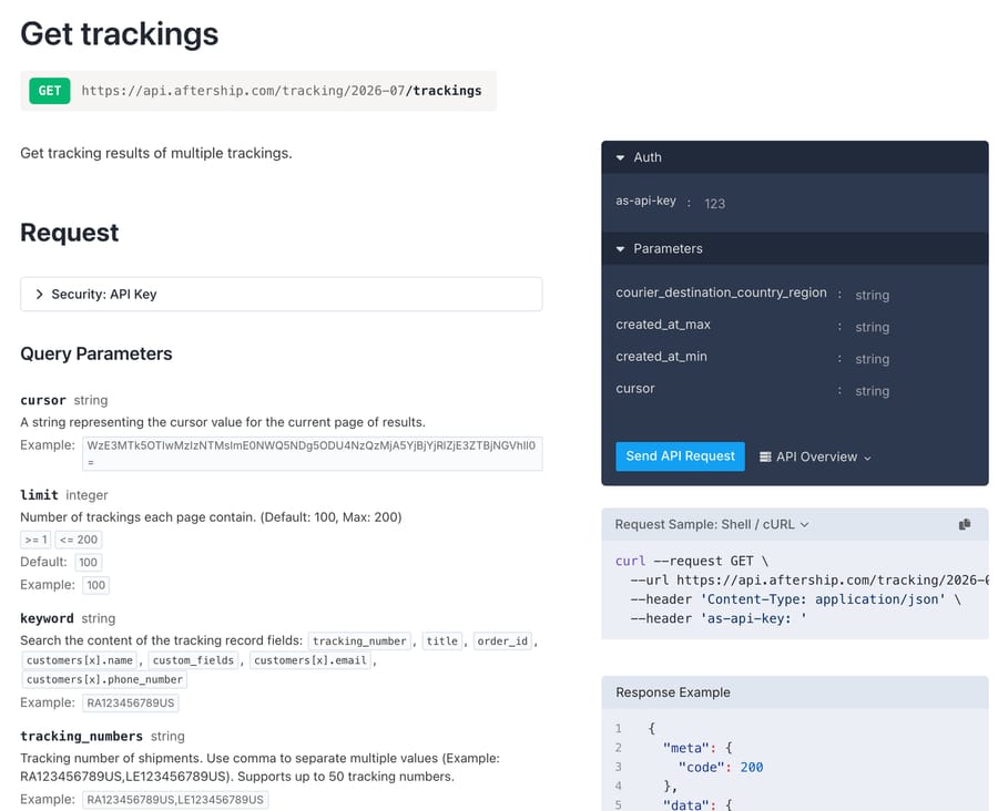 AfterShip's Get trackings reference for API version 2026-07: GET /trackings with as-api-key auth, and a keyword parameter that searches tracking_number, title, order_id and customer name, email and phone