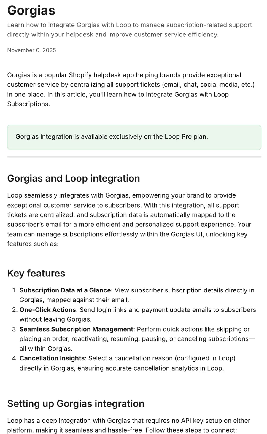 Loop's help center: the Gorgias integration is Pro-plan only and lets agents skip, pause, resume, reactivate and cancel from the Gorgias sidebar
