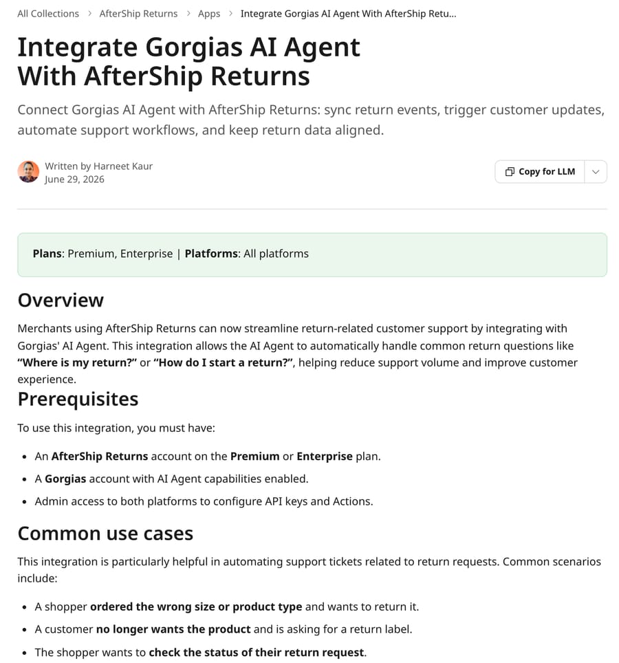 AfterShip help article on integrating Gorgias AI Agent with AfterShip Returns, listing Premium or Enterprise plans as a prerequisite