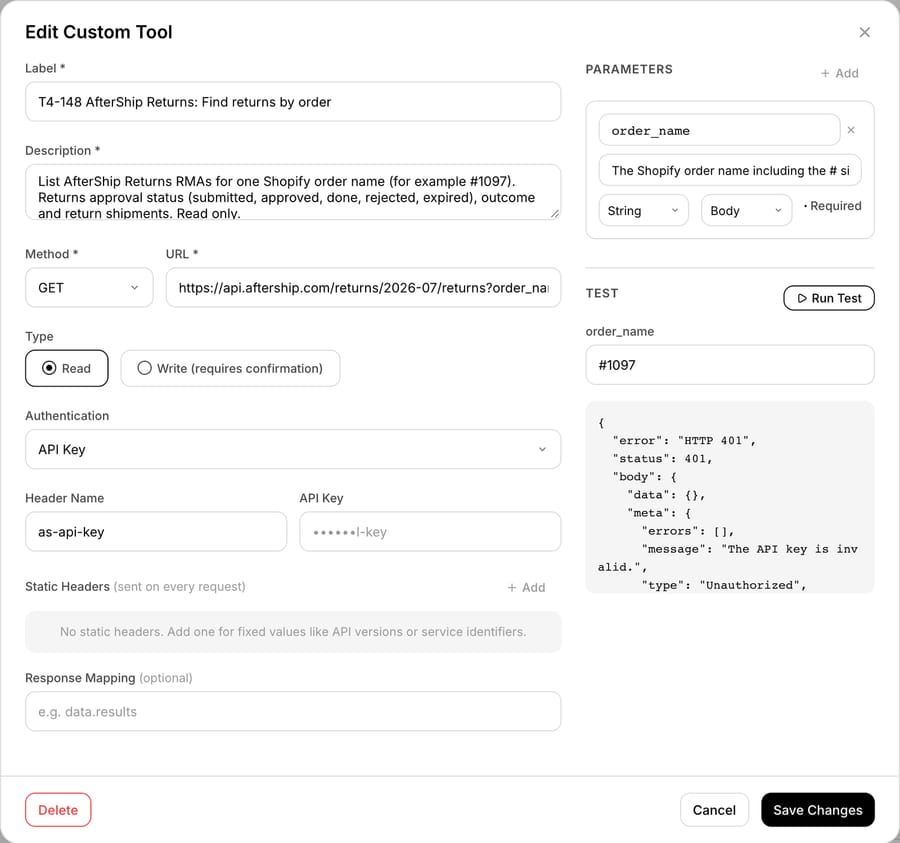Macha custom tool 'T4-148 AfterShip Returns: Find returns by order' on our test org: GET api.aftership.com/returns/2026-07/returns with an order_name parameter, as-api-key header, and a Run Test for #1097 returning HTTP 401
