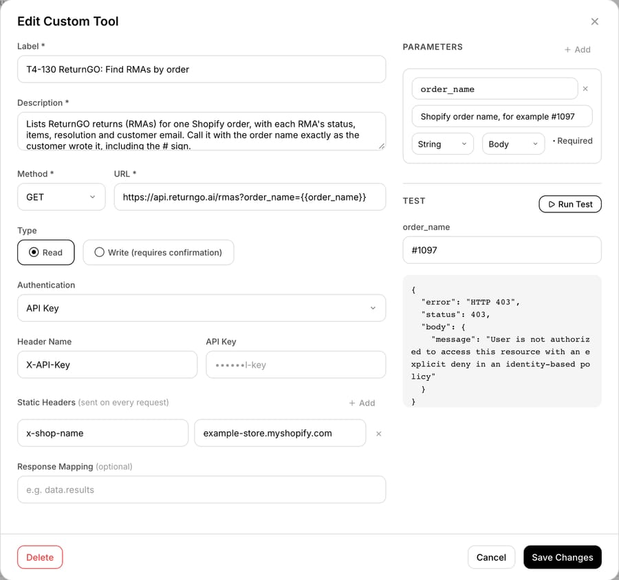 Macha custom tool for ReturnGO: GET /rmas by order_name, an API key header, a fixed x-shop-name header, and ReturnGO's 403 reply to Run Test