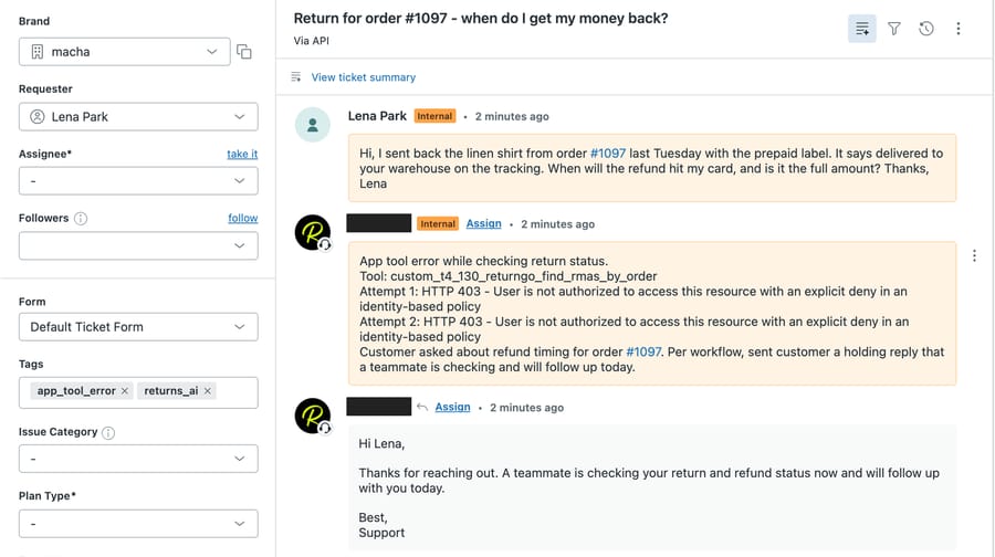 Test ticket 1139 in our d3v-macha sandbox: internal note listing two ReturnGO 403 errors, the holding reply, and the app_tool_error and returns_ai tags
