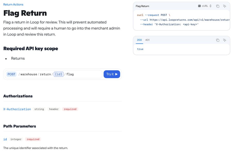 Loop Returns API reference for Flag Return: POST /warehouse/return/{id}/flag with an X-Authorization key, which stops automated processing