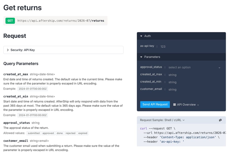 AfterShip Returns API reference: Get returns at api.aftership.com/returns/2026-07 with an as-api-key header and a customer_email filter