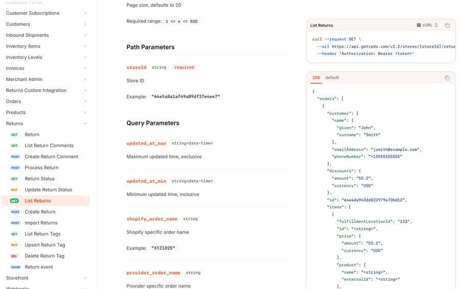 Redo's List Returns reference: GET /stores/{storeId}/returns with a Bearer token and a shopify_order_name query parameter