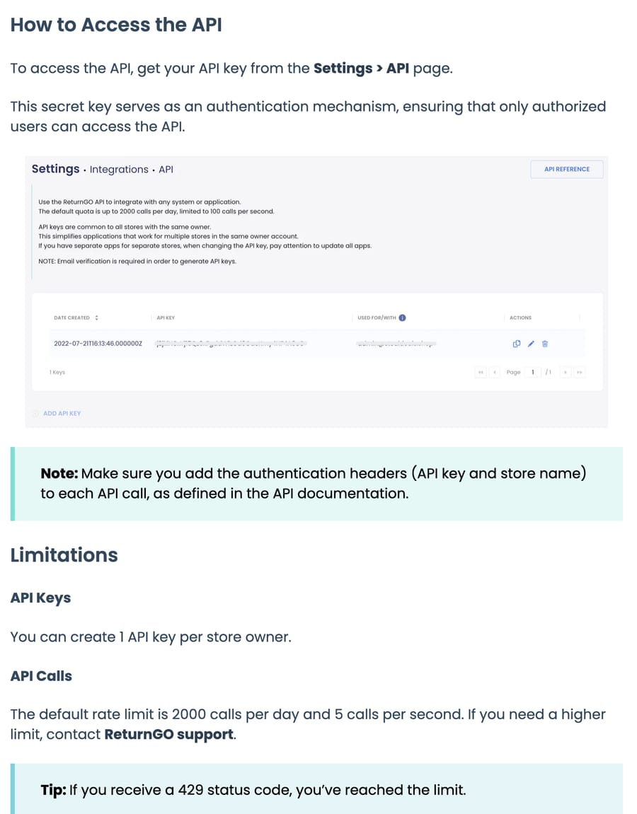 ReturnGO API overview: keys come from Settings > API, one key per store owner, and a default limit of 2,000 calls a day and 5 a second