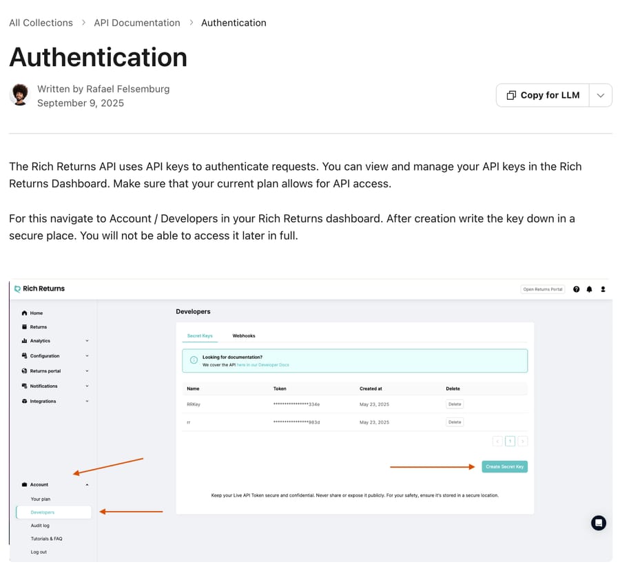 Rich Returns API authentication article: keys under Account / Developers, a Bearer header, and a note to check your plan allows API access