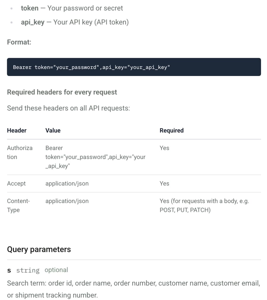 8returns REST API docs: one Authorization header combining token and api_key, and an s search parameter matching order number, email or tracking number