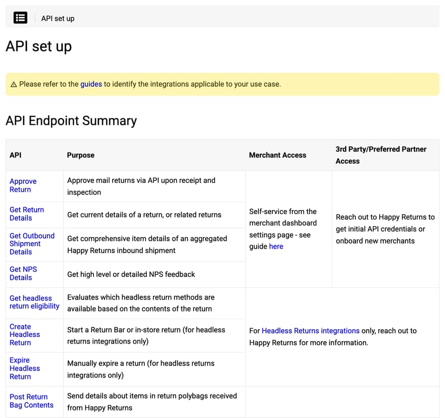 Happy Returns API setup: merchants self-serve keys for Approve Return and Get Return Details, while headless and agentic returns need Happy Returns' approval