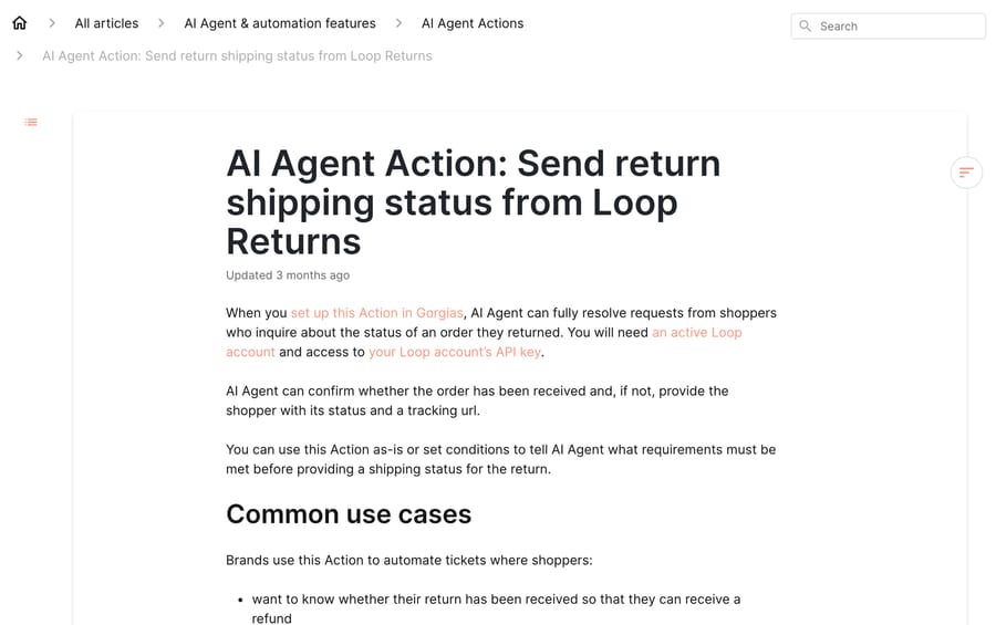 Gorgias help center: AI Agent Action to send return shipping status from Loop Returns, which needs an active Loop account and its API key