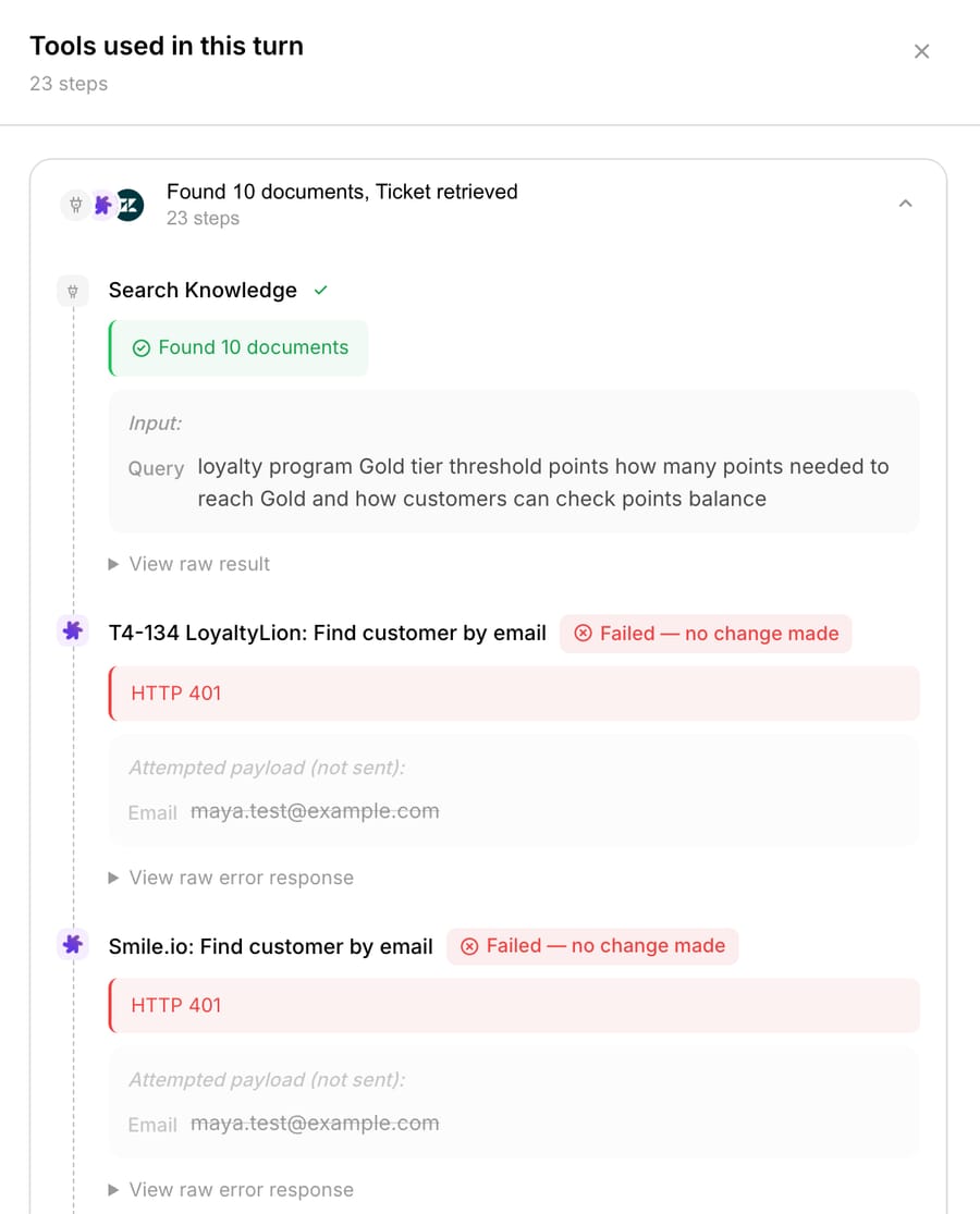 Tools used in this turn, 23 steps: the LoyaltyLion and Smile.io customer lookups both failed with HTTP 401, no change made
