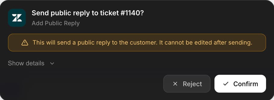 Macha chat confirmation card: Send public reply to ticket #1140? with Reject and Confirm buttons