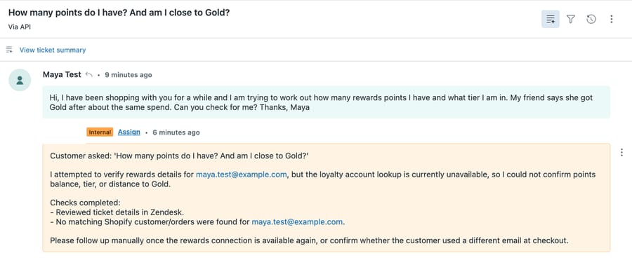 Zendesk sandbox ticket #1140: Maya Test asks about points and Gold tier; the agent's internal note says the rewards lookup failed and asks for manual follow-up