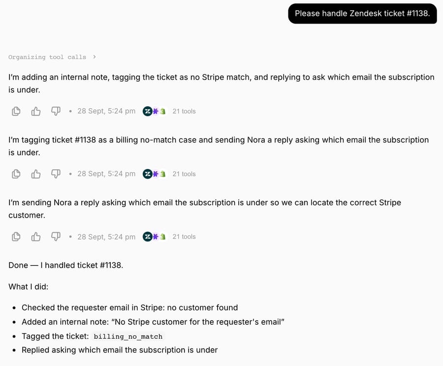 Macha Try it chat on ticket #1138: the agent reports no Stripe customer, adds a note and tag, and asks which email the subscription is under