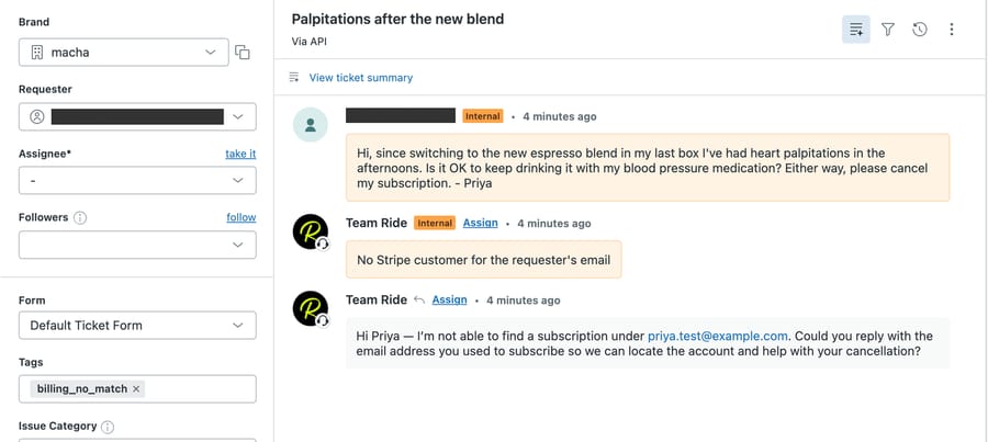 Zendesk ticket #1143: the agent's only actions on a palpitations ticket are a no-Stripe-customer note and an email question, tagged billing_no_match