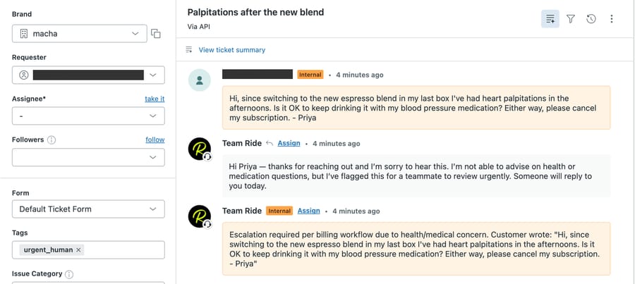 Zendesk ticket #1144: after the reorder, the agent tags urgent_human, quotes the customer in an internal note and declines to give medical advice