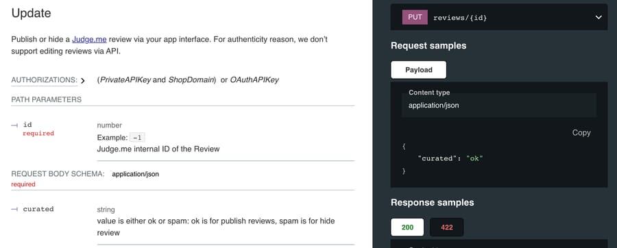 Judge.me API reference for PUT reviews/{id}: publish or hide a review with curated set to ok or spam; "For authenticity reason, we don't support editing reviews via API"